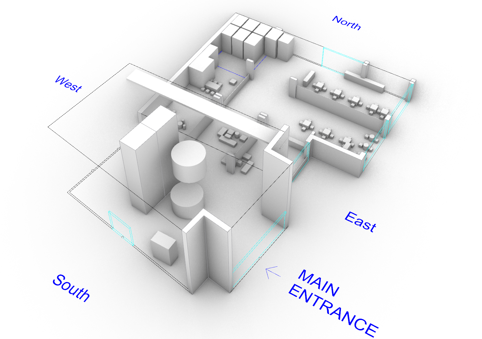 Conceptual massing render of the lobby
