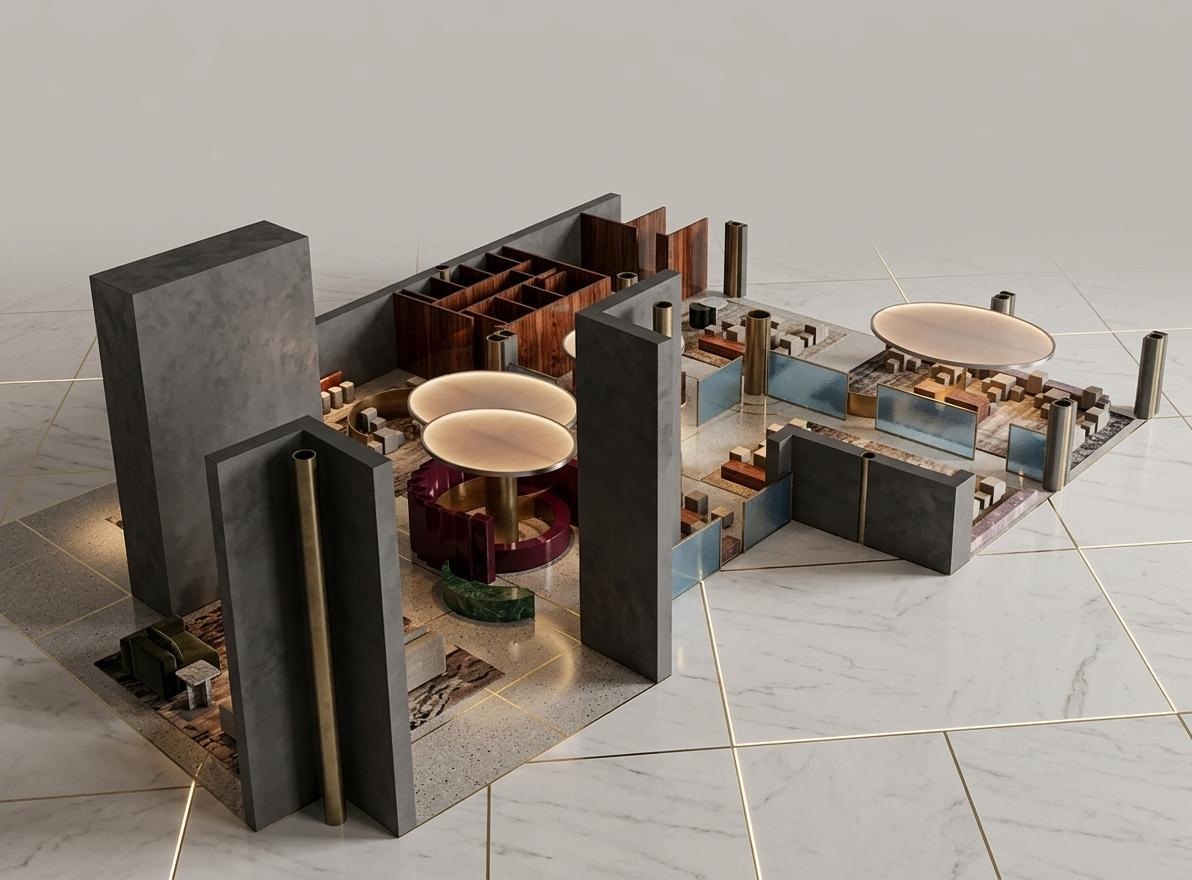 Week 3 Islands concept render showing layered communal zones in the hotel lobby