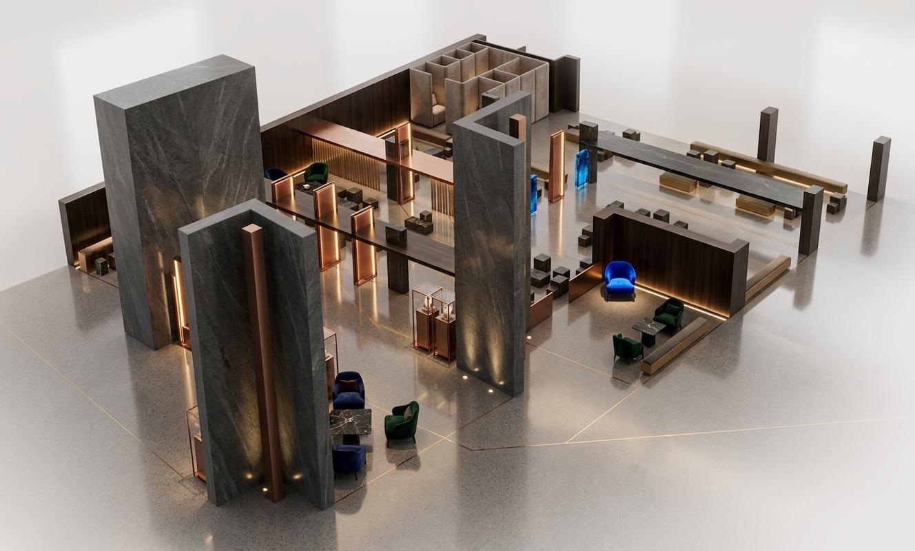 Week 3 Sequence concept render showing illuminated thresholds across the hotel lobby