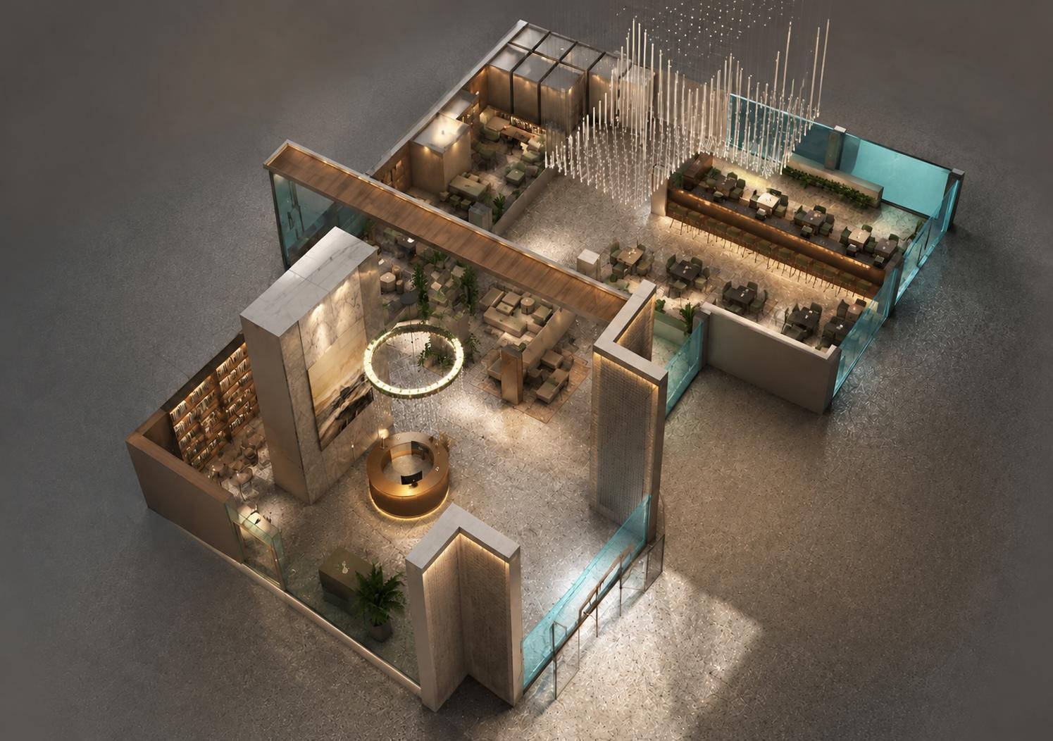 Week 4 Ceiling Datum render with hospitality spaces organised by the lobby ceiling zones